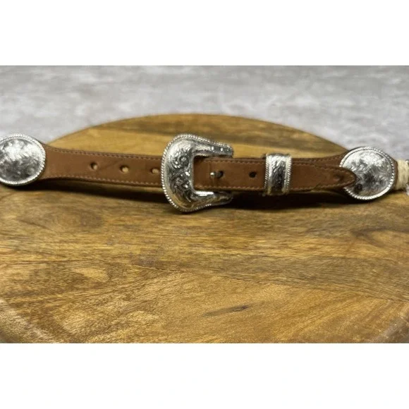 Vintage Justin Western Belt Mens 30 Brown Leather Concho Braided Silver Floral