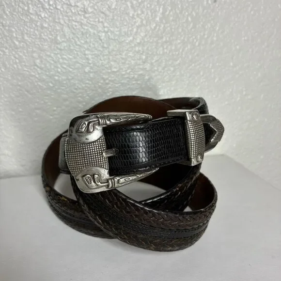 Brighton Leather Belt Mens 38 Black Braided Woven Western Silver Buckle Onyx