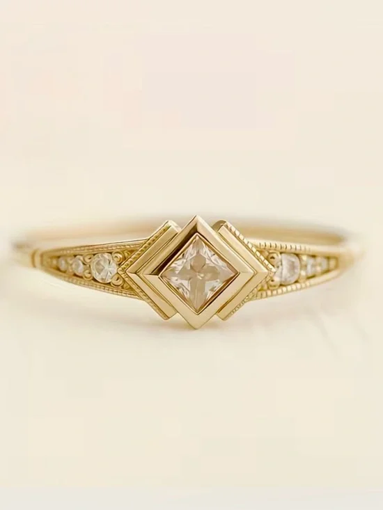 BNIB - Gold Square Cut Halo Ring with Accent Stones