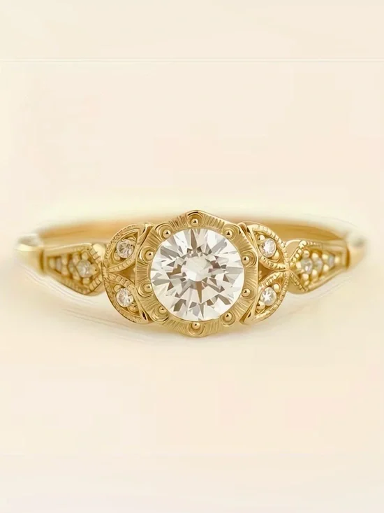 BNIB - Gold Vintage-Inspired Round Solitaire Ring with Accent Stones
