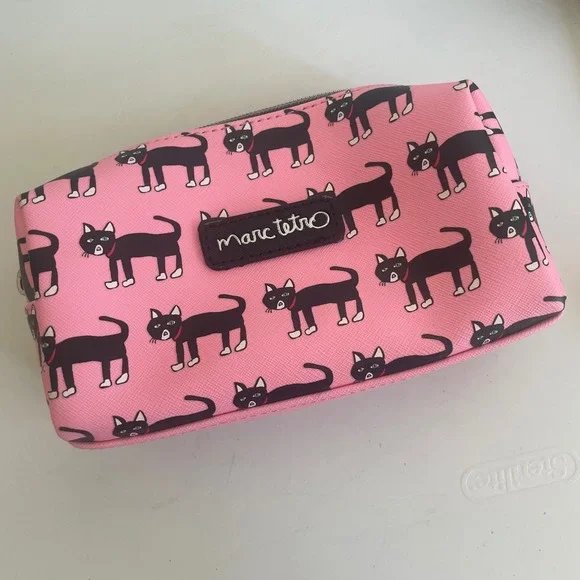 Marc Tetro Black Cat Zip Cosmetic Bag Pouch‎ Pink All Over vegan leather