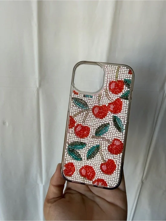 Clear Beaded Cherry Phone Case with Red Cherries and Green Leaves