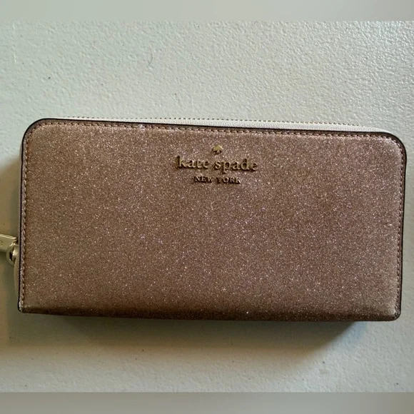 New Kate Spade Women’s Shimmy Tinsel Glitter Large Continental Wallet Rose Gold