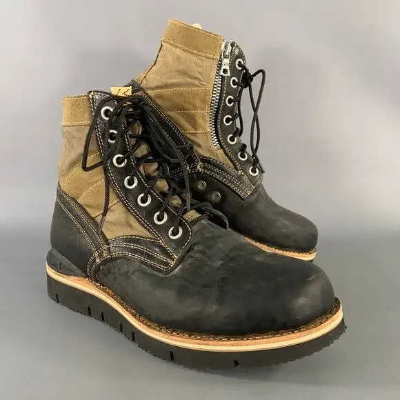 VISVIM Size 9.5 Black Olive Distressed Leather Canvas Lace Up Boots