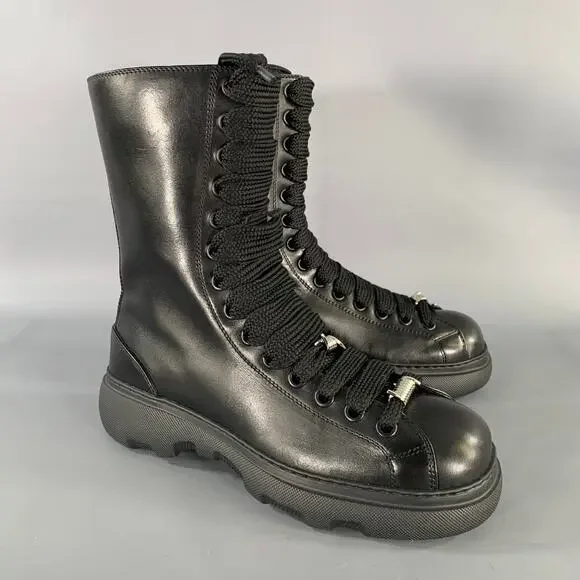 BURBERRY Size 10 Black Leather Lace Up Boots
