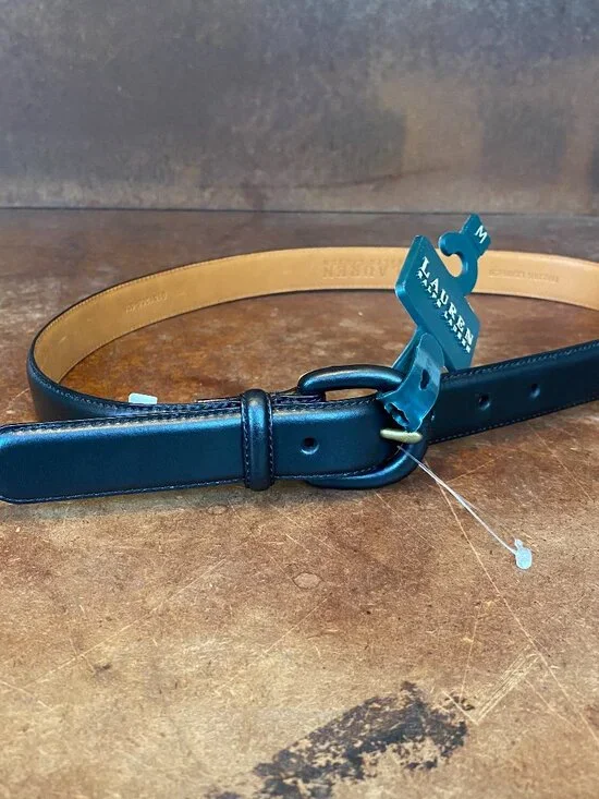 NWT Lauren Ralph Lauren black leather belt gold toned single prong buckle