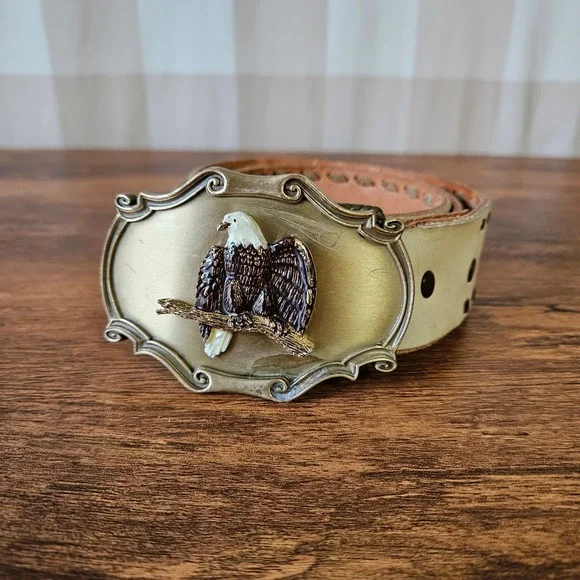 Vtg 70s 1978 Raintree Eagle Belt Buckle White Woven Western Leather Belt Size 32