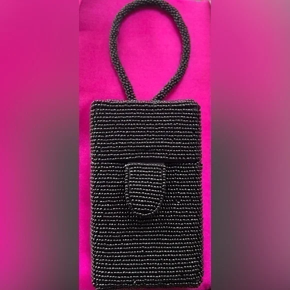 BEADED black cosmetic rectangle cosmetic/ evening mini bag with built in mirror