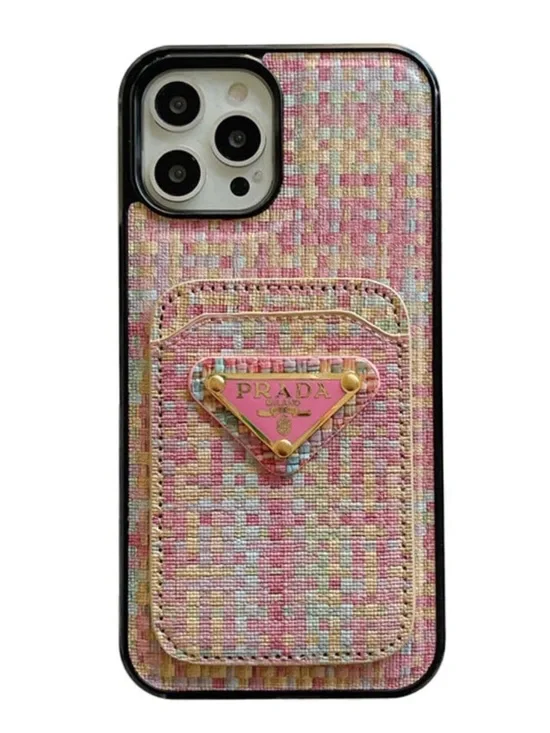New ~ Designer Pink Multicolor Fabric iPhone 15+ Case with Card Pocket