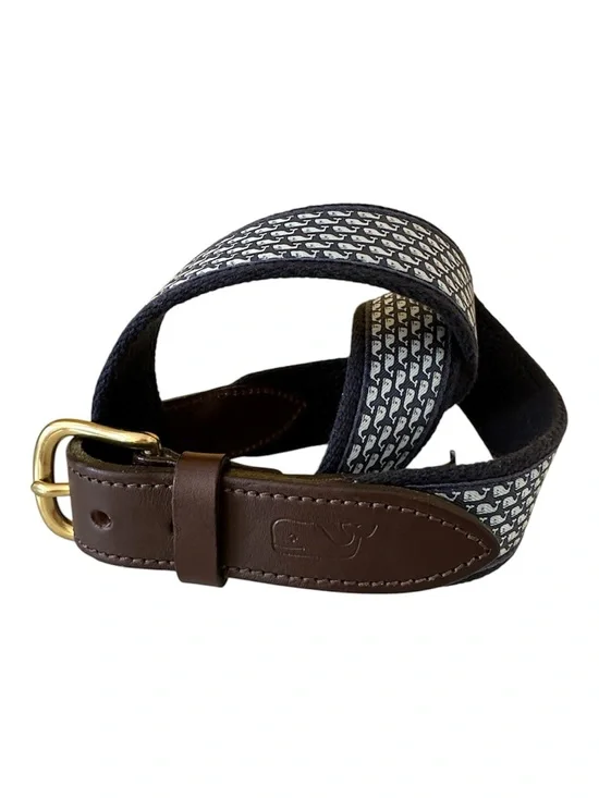 Vineyard Vines Navy Whale-Print Webbing Belt with Brown Leather Trim Size 30