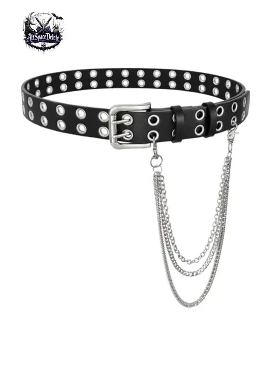 Leather Double Grommet Studded Belt with Detachable Chain for Jeans Pants Punk