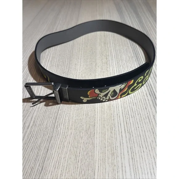 Ed Hardy Men Reversible Belt 42 Black Tattoo Skull Live to Ride Bonded Leather