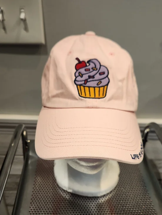 EUC Life Is Good Pretty Sweet Pink Hat w/cupcake Sz Youth M/L 100% Cotton