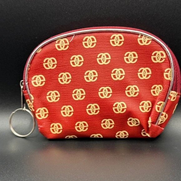 Red Gold Monogrammed Zipper‎ Pouch Cosmetic Bag Keychain Charm