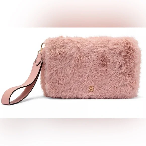 NWT Victoria Secret Pink‎ Faux Fur Wristlet Pouch Cosmetic Bag Makeup Organizer