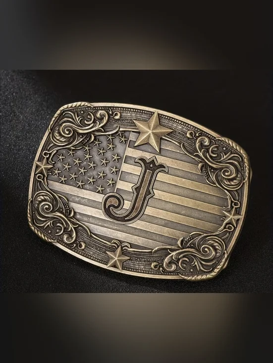 Western American Flag Belt Buckle Letter J Cowboy Patriotic Silver Tone T3MISB8D