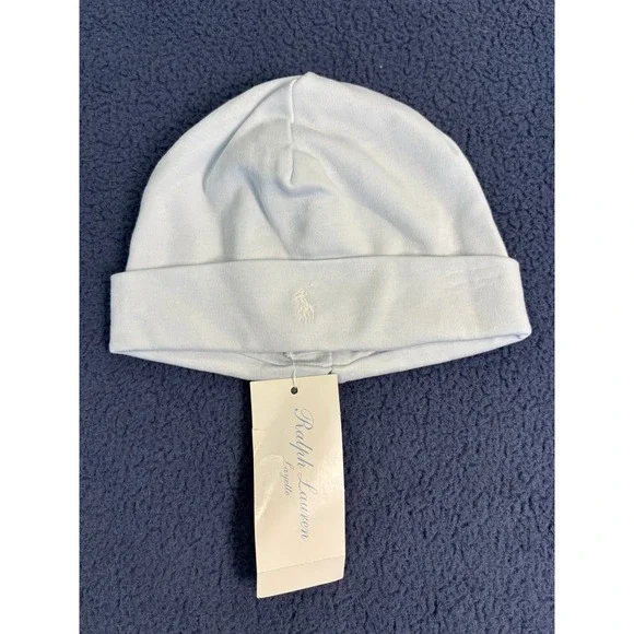 Ralph Lauren Layette Baby Beanie Hat‎ Light Blue Cotton Pony Logo One Size NWT