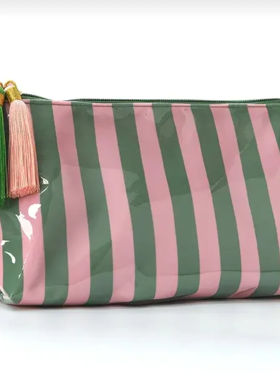 Striped Pink & Green Cosmetic Pouch with Tassel