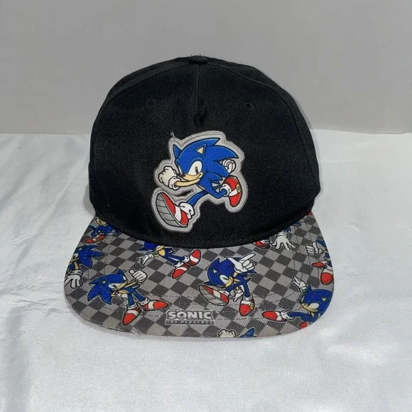 Sonic the Hedgehog Youth Snapback Hat Black Checkered‎ Brim SEGA Boys Cap OSFM