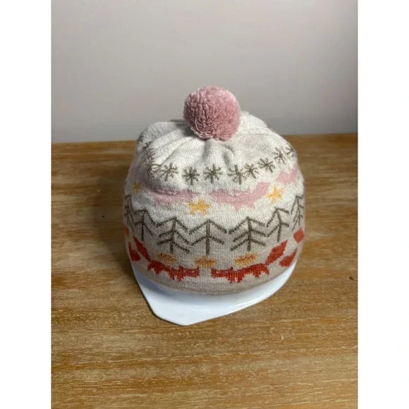 Kids Pigtails Fair Isle Knit Beanie Hat with Pom Pink Cream Brown‎ Trees Foxes