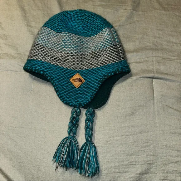 The North Face Youth Teal Grey‎ Striped Knit Trapper Hat Earflap Beanie Medium