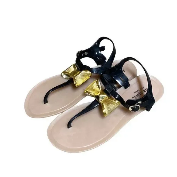 Kate Spade New York Black Rubber T-Strap Thong Sandal Size 9 New
