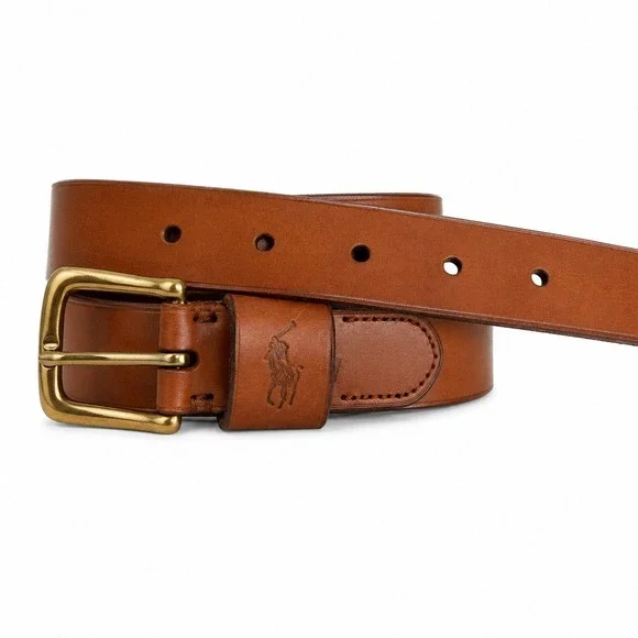 Polo Ralph Lauren 34 Belt Italian Leather Brass Buckle Logo Brown Rugged Preppy