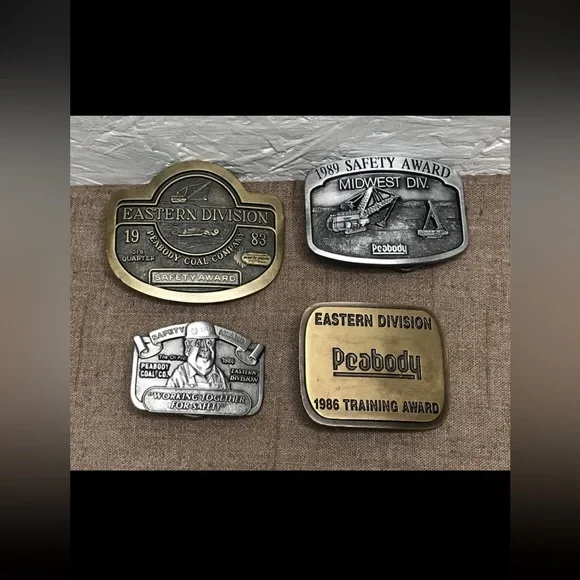 Lot of 4 Vintage 1980s Peabody Coal Company Training Safety Award Belt Buckles