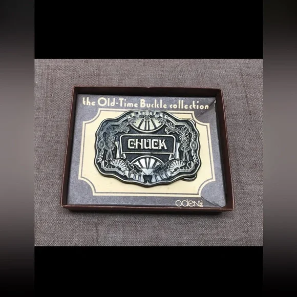 Vintage Oden Inc CHUCK Name Plate Belt Buckle with Original Box