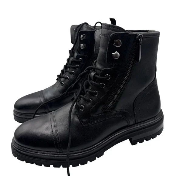 Pat Calvin Mens Black Leather Combat Boots Side Zip Cap Toe Lug Sole EU 43 US 10
