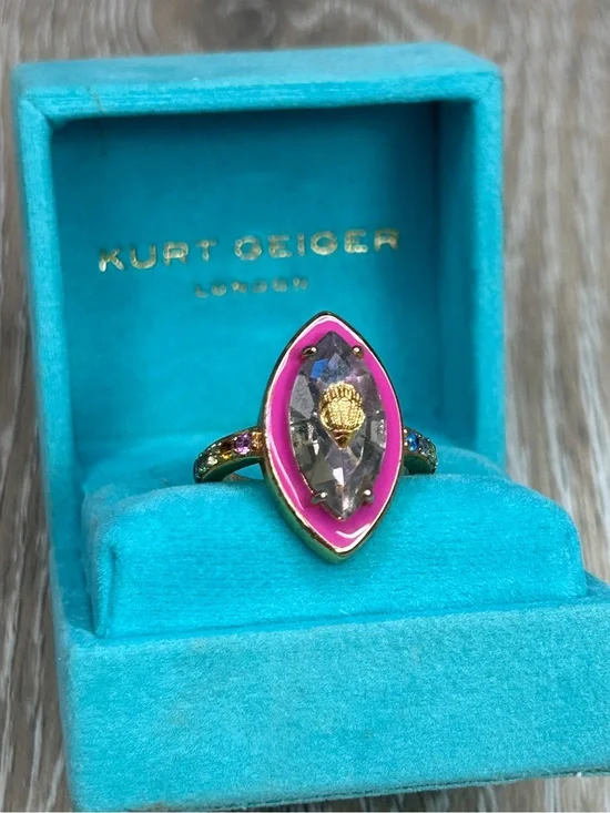 Kurt Geiger Gold-Tone w/Pink Enamel Clear Marquise Stone Statement Ring Size 8