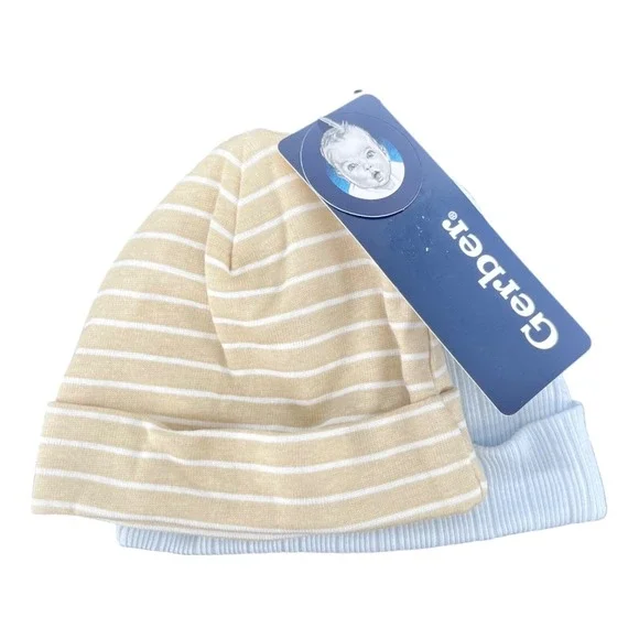Gerber Beanie Caps Baby Boy 0-6M Tan Blue Striped Ribbed Cotton 2‎ Pack