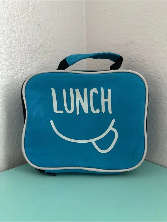 Walmart blue insulated lunch box with a minimalist white ’LUNCH’ graphic-used