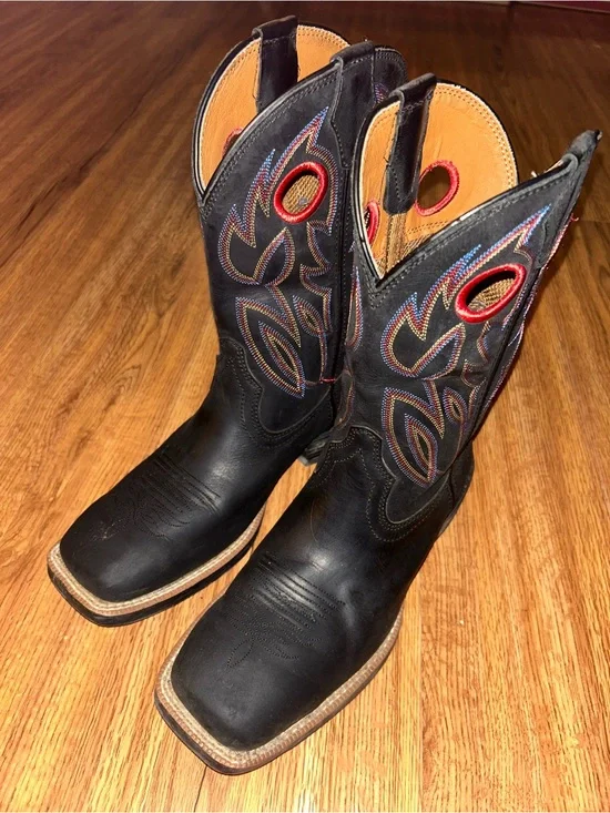 Justin Boots Black Western Pull-On Boots with Red and Multicolor Stitching