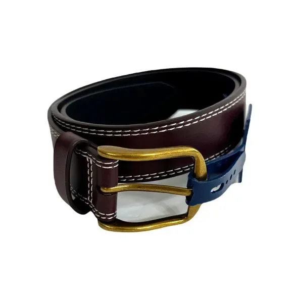 Club Room Double-Stitch Belt Mens Small 30-32 Burgundy‎ Leather Gold Buckle