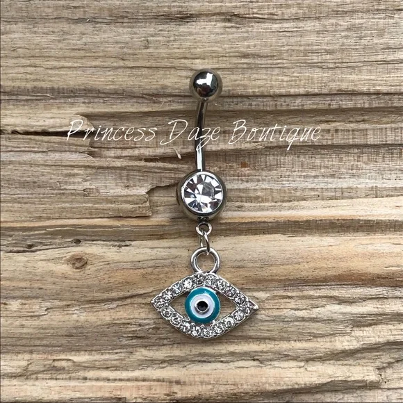 Silver Diamond Evil Eye‎ Belly Button Ring