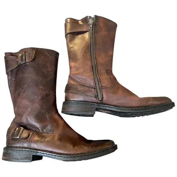 Born Brown Leather Engineer Moto Boots Side Zip Harness Men’s 9.5 / EU 43