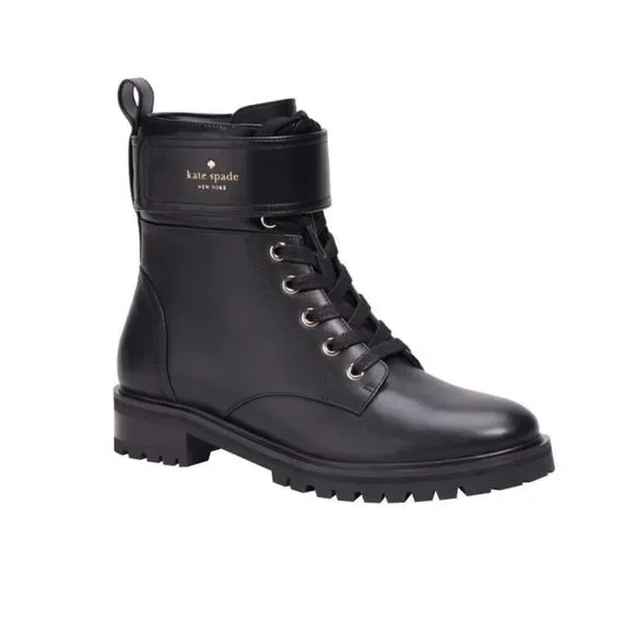 ♠️ Kate Spade NWT New York Joplin Black Leather Lace Up Combat Lug Sole Boots 9
