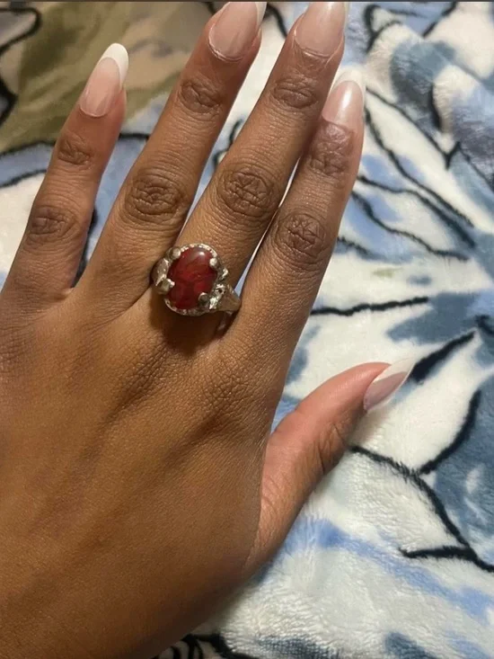 Sterling Silver Ring with Deep Red Oval Stone