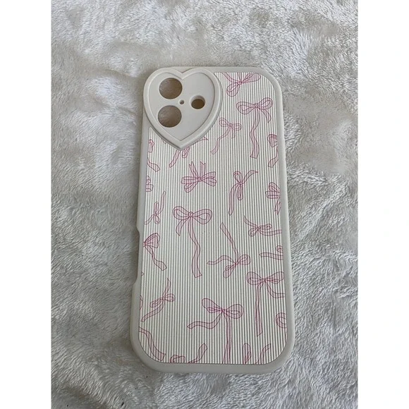 Cream Pink Bow Heart Camera Cutout iPhone‎ Case Coquette Balletcore Ribbed Shell