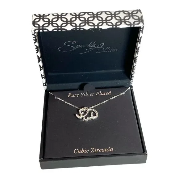New Elephant Necklace Cubic Zirconia Silver Plate 18” Chain Trunk Up Good Luck