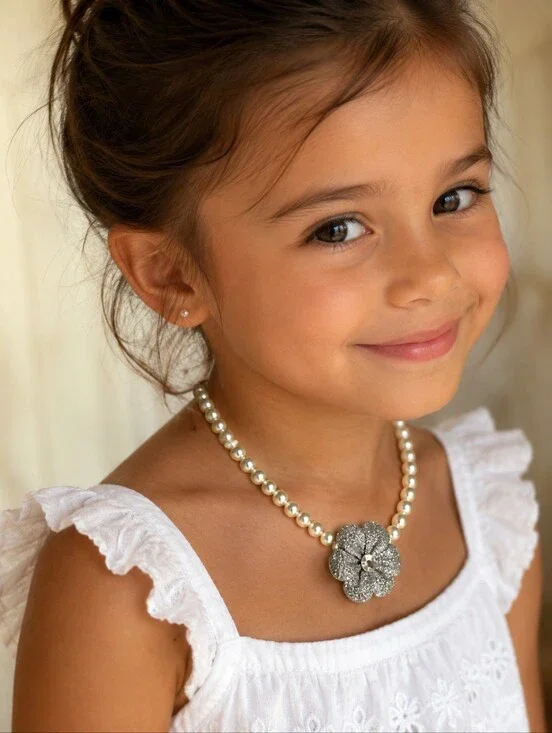 Kids Jewelry Girls Faux Pearl Choker Necklace Silver Glitter Flower Accent