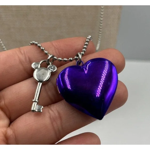 Vintage Disney Mickey Mouse Purple Heart Locket Necklace & Key‎ Charm Gold Tone
