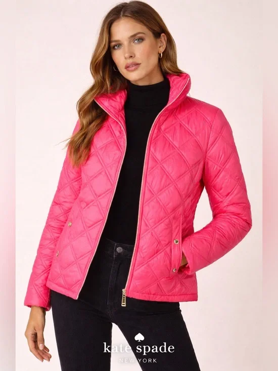 kate spade Quilted Bright Red Diamond Puffer Jacket with Hood