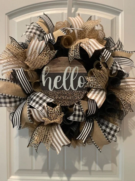 Hello Everyday Wreath in Burlap and Ribbon Leopard Wreath in Black, Tan, Cream