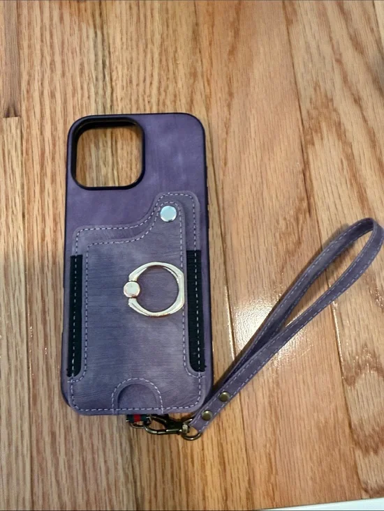 Iphone 16 pro max Purple Wristlet Phone Case with Gold Ring Grip and Card Pocket