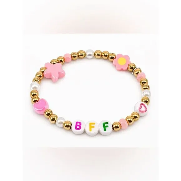 BFF Beaded Friendship Bracelet Gold Tone Pink Heart Flower Girls Women Gift