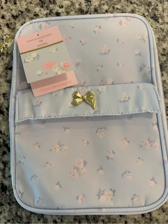 Yoobi Light Blue Floral Tech Organizer with Gold Bow Accent