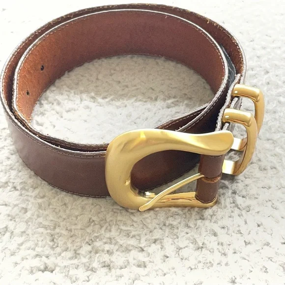 VTG Brighton Leather Belt Size M Brown Gold Buckle USA Made Chunky Double Keeper