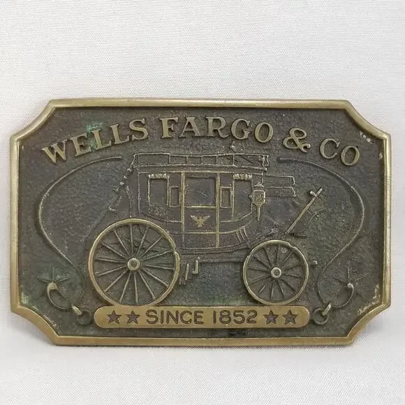 Vintage Belt Buckle 1970s Solid Brass Wells Fargo & Co Since 1852 Wagon USA Made